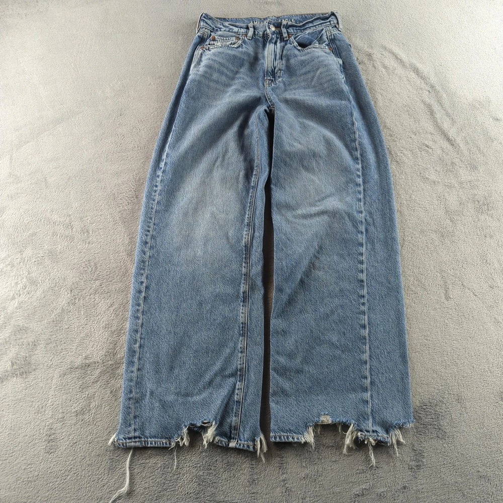 American‎ Eagle Jeans Womens 4 Blue Super High-Rise Baggy Wide Leg Distressed